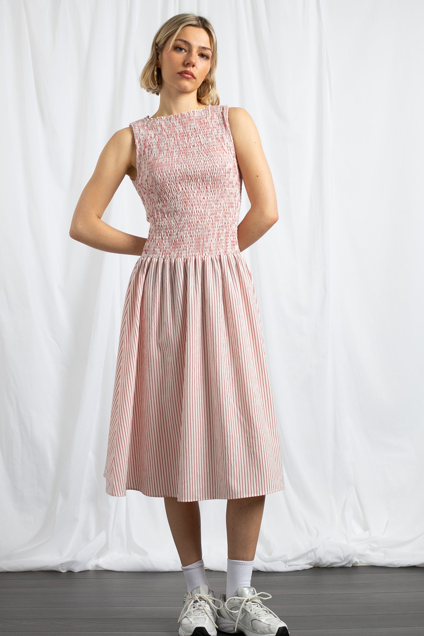 Daisy Street - Drop Waist Shirred Midaxi Dress in Red Stripe