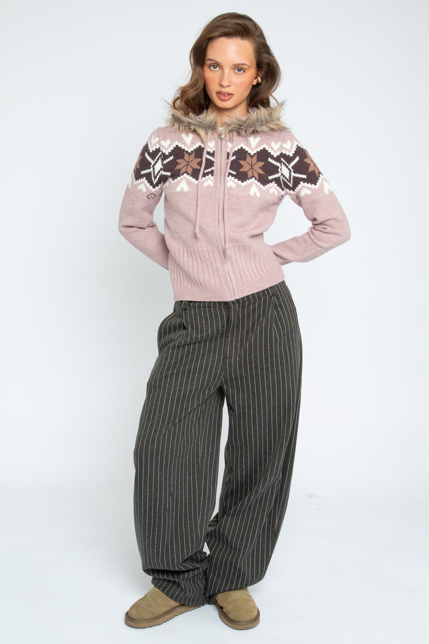 Daisy Street - Dusky Pink Hooded Lottie Zip-through Knit