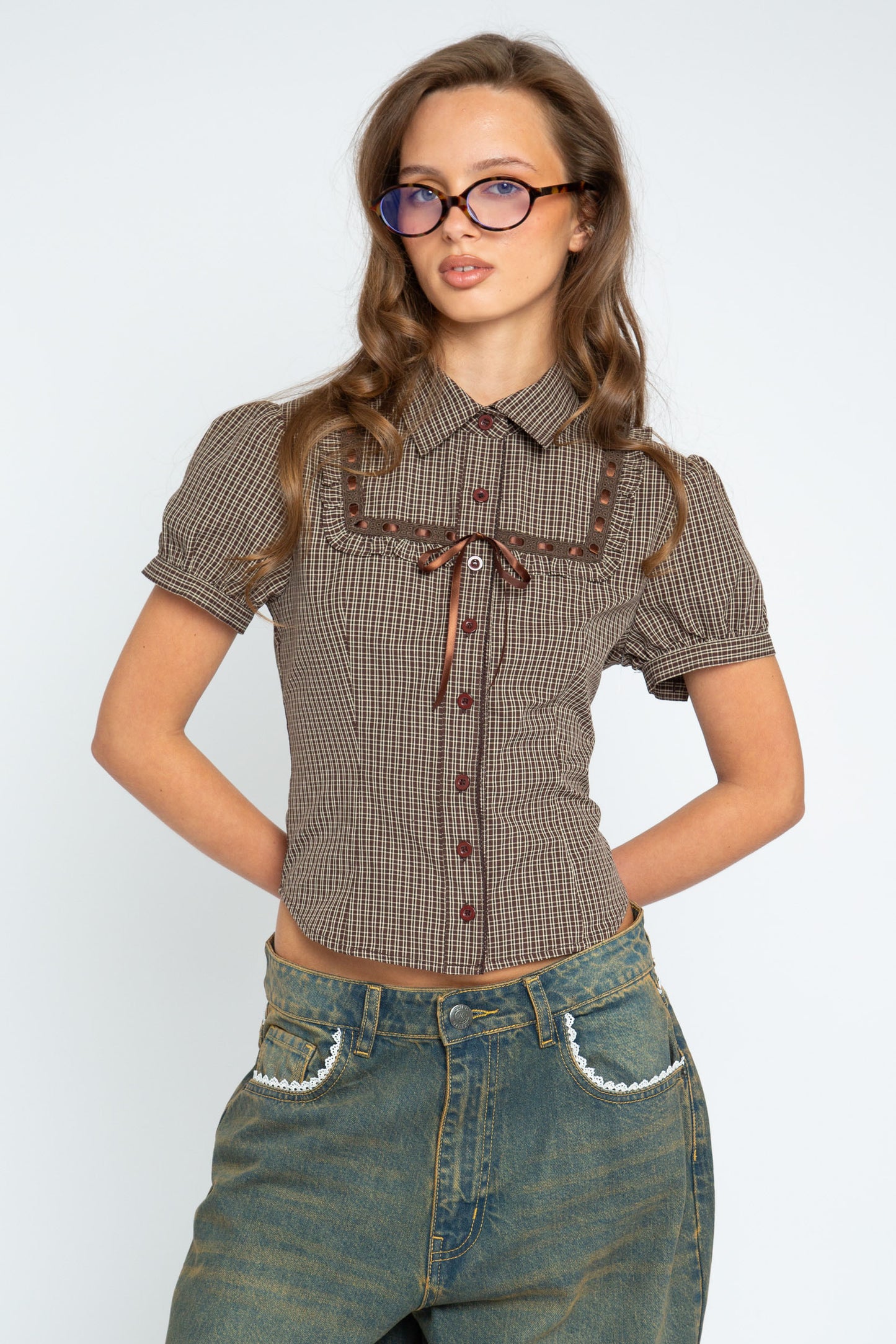 Daisy Street - Brown Check Ribbon Frill Maple Shirt