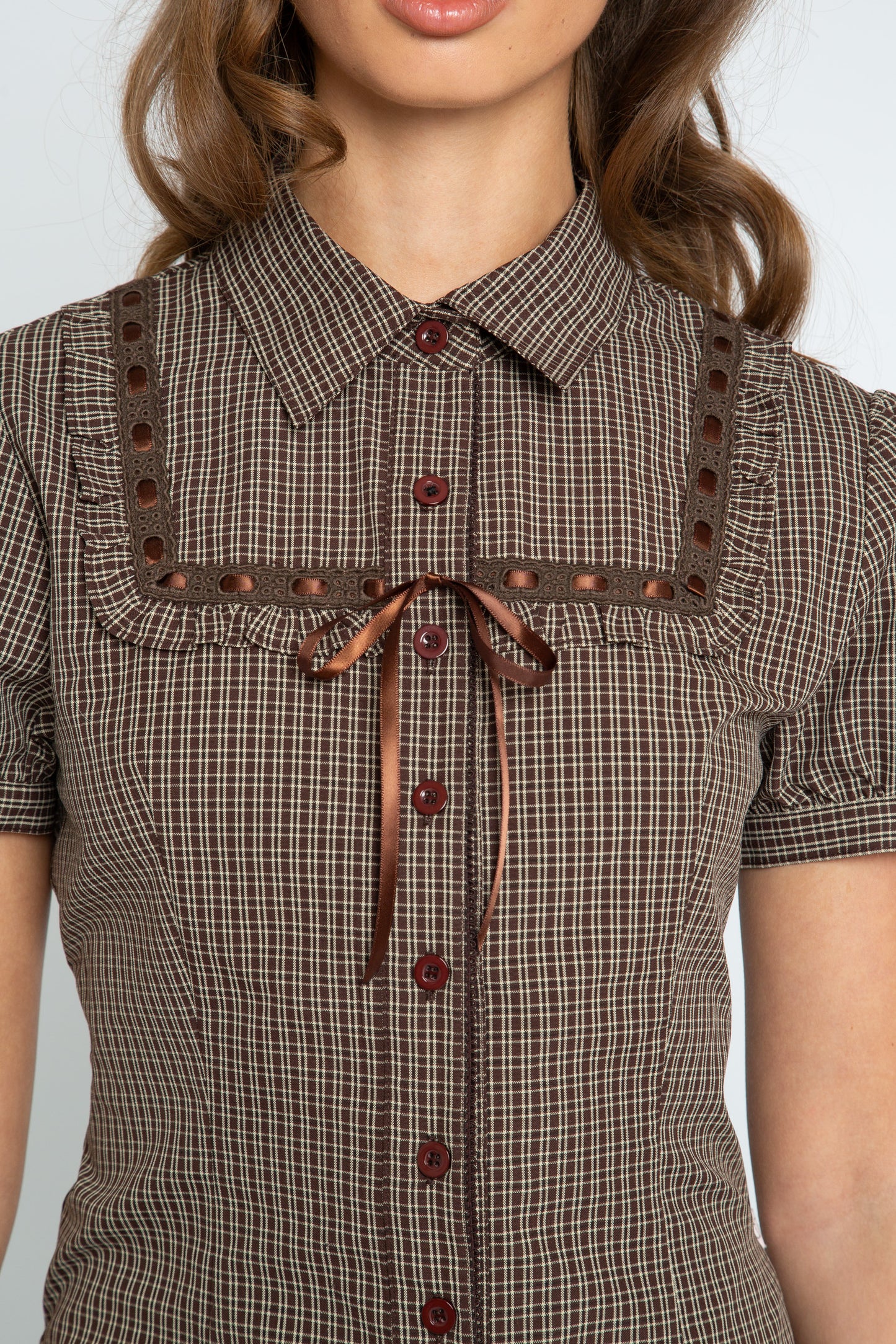Daisy Street - Brown Check Ribbon Frill Maple Shirt