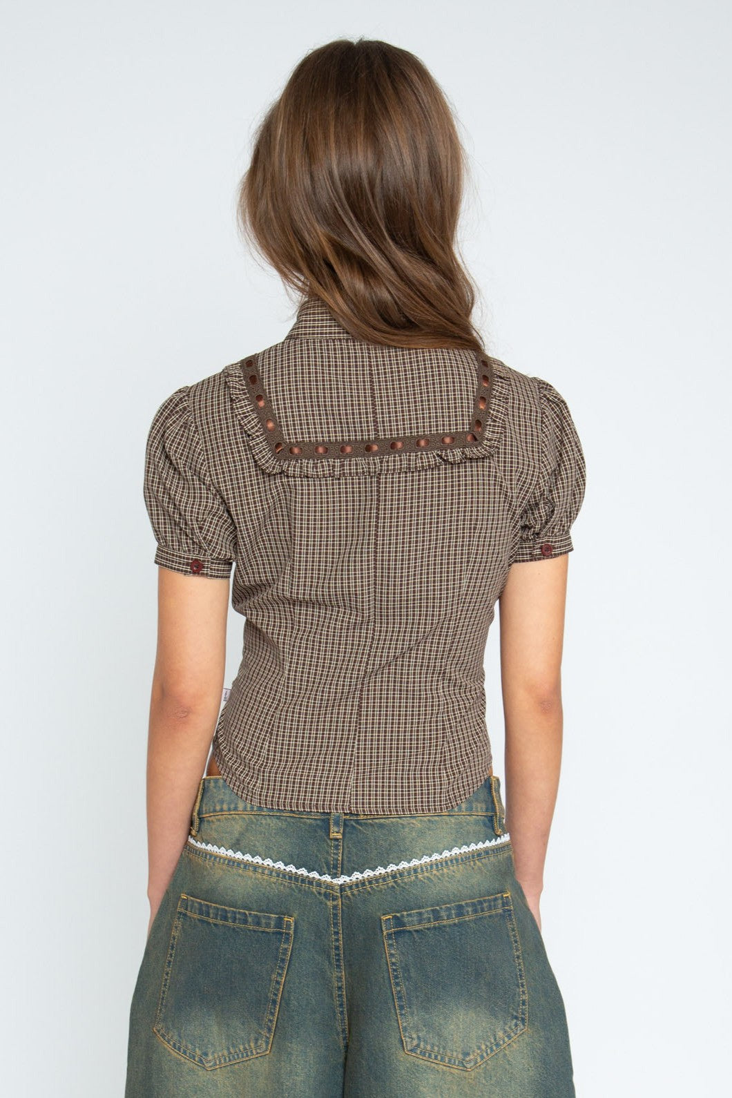 Daisy Street - Brown Check Ribbon Frill Maple Shirt