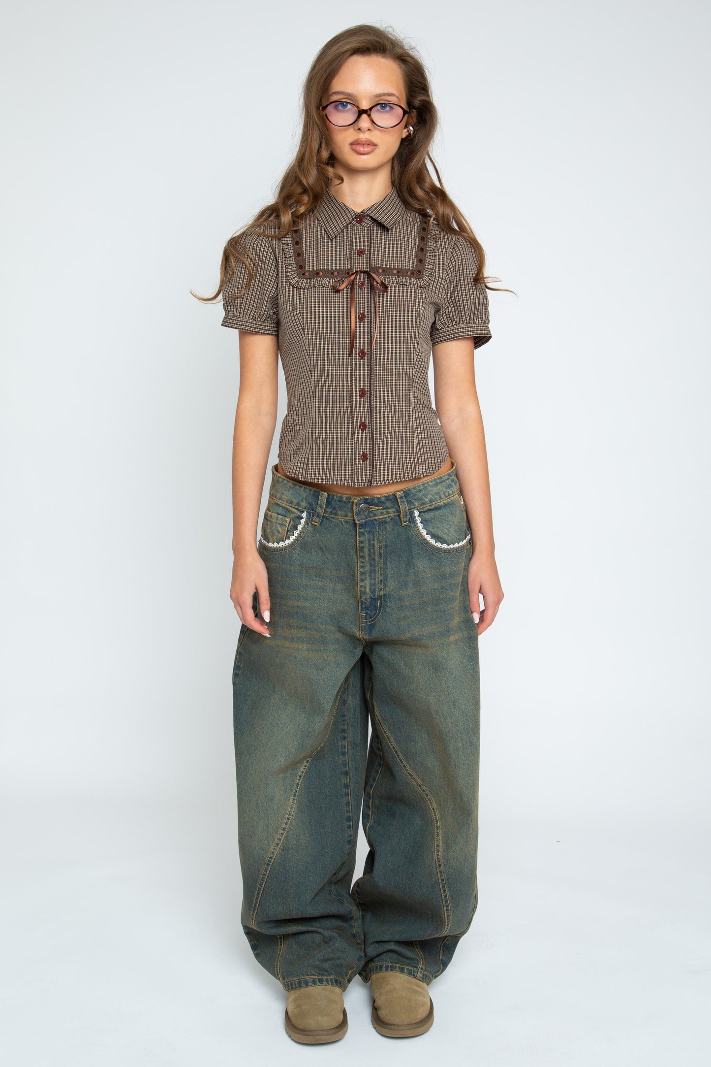 Daisy Street - Brown Check Ribbon Frill Maple Shirt