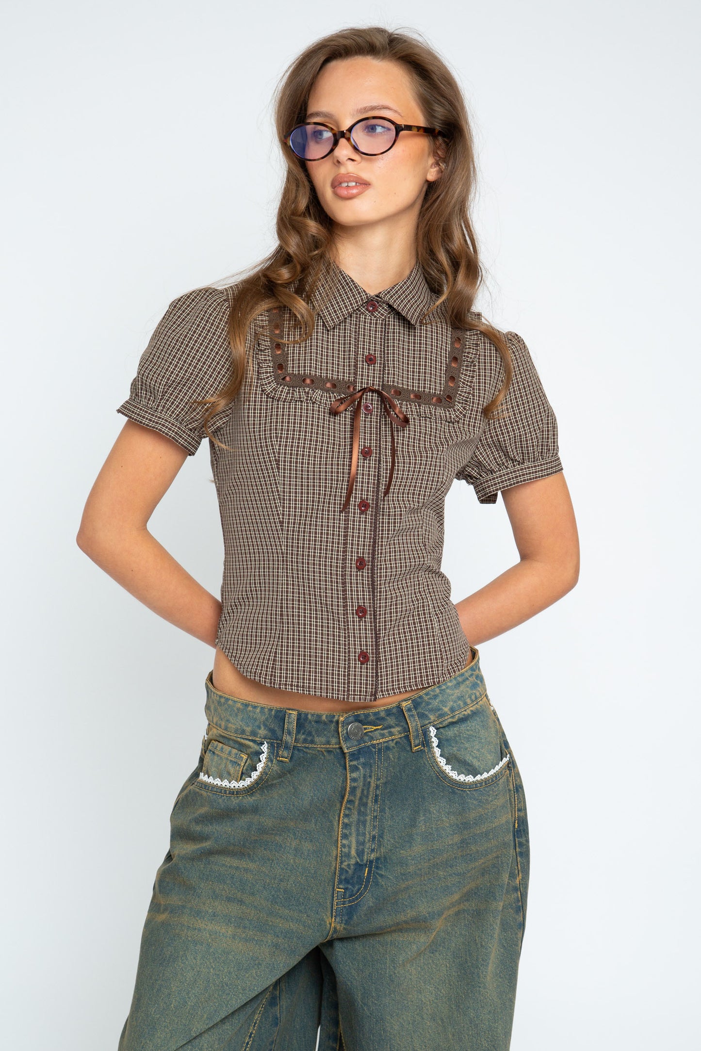 Daisy Street - Brown Check Ribbon Frill Maple Shirt
