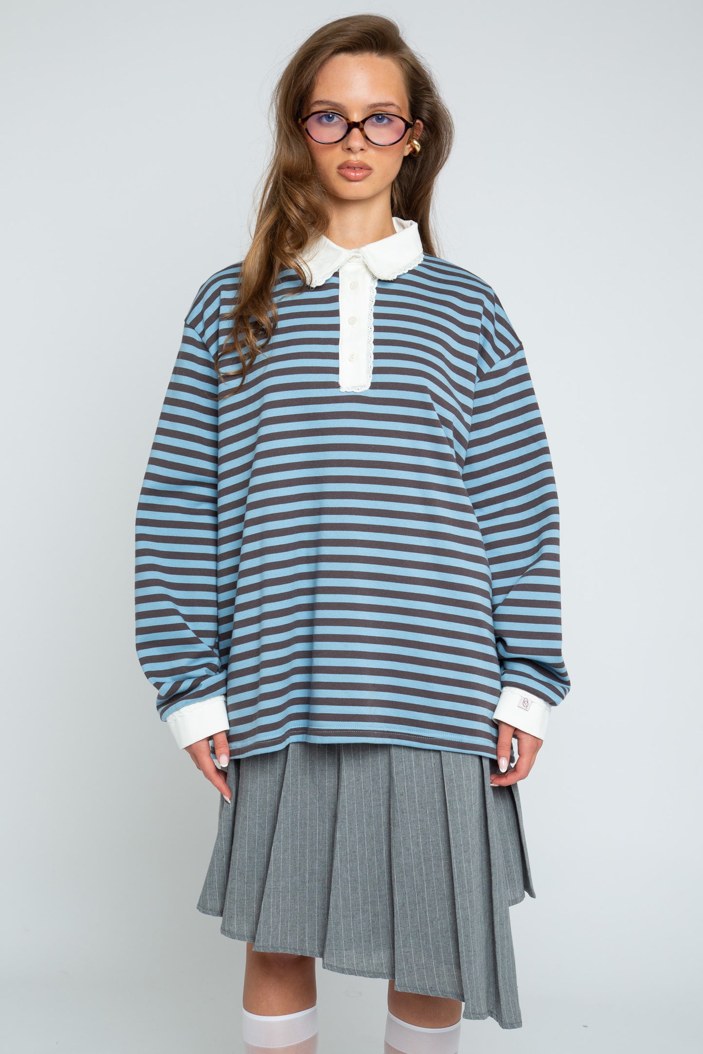 Daisy Street - Blue & Brown Stripe Rugby-style Mona Top