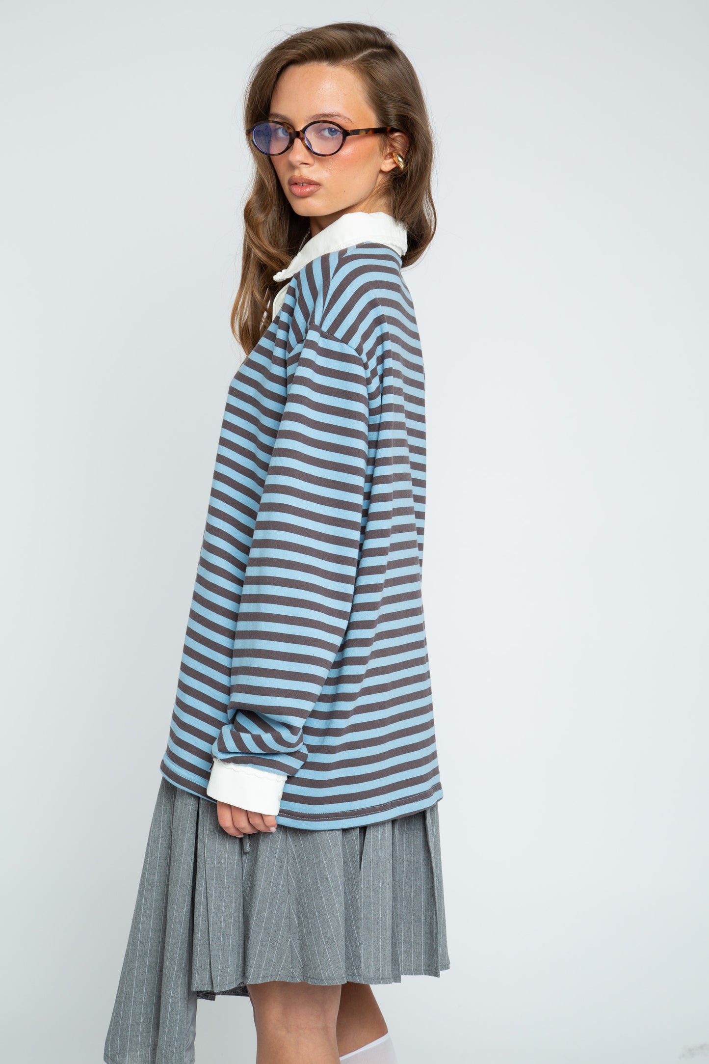 Daisy Street - Blue & Brown Stripe Rugby-style Mona Top