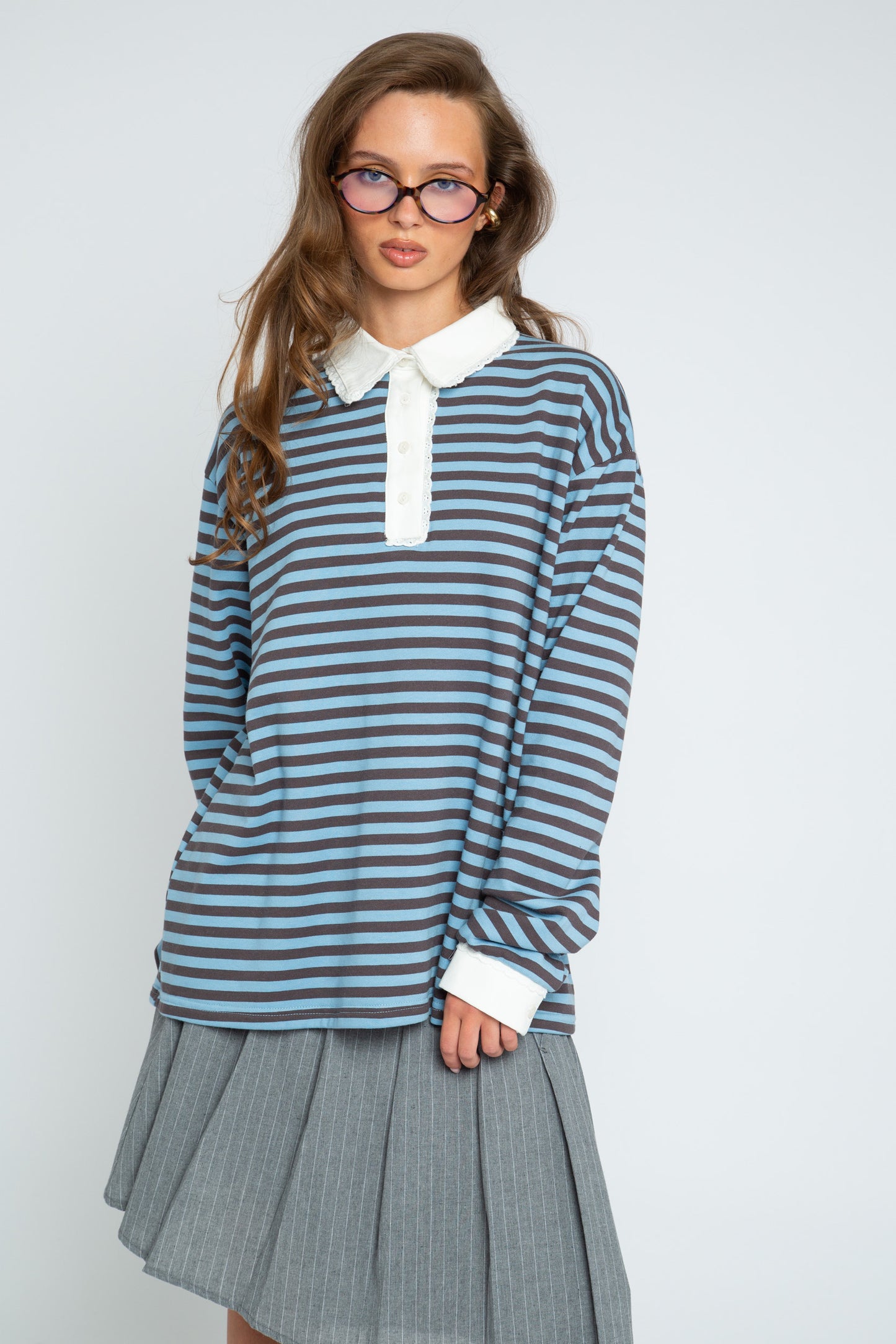 Daisy Street - Blue & Brown Stripe Rugby-style Mona Top