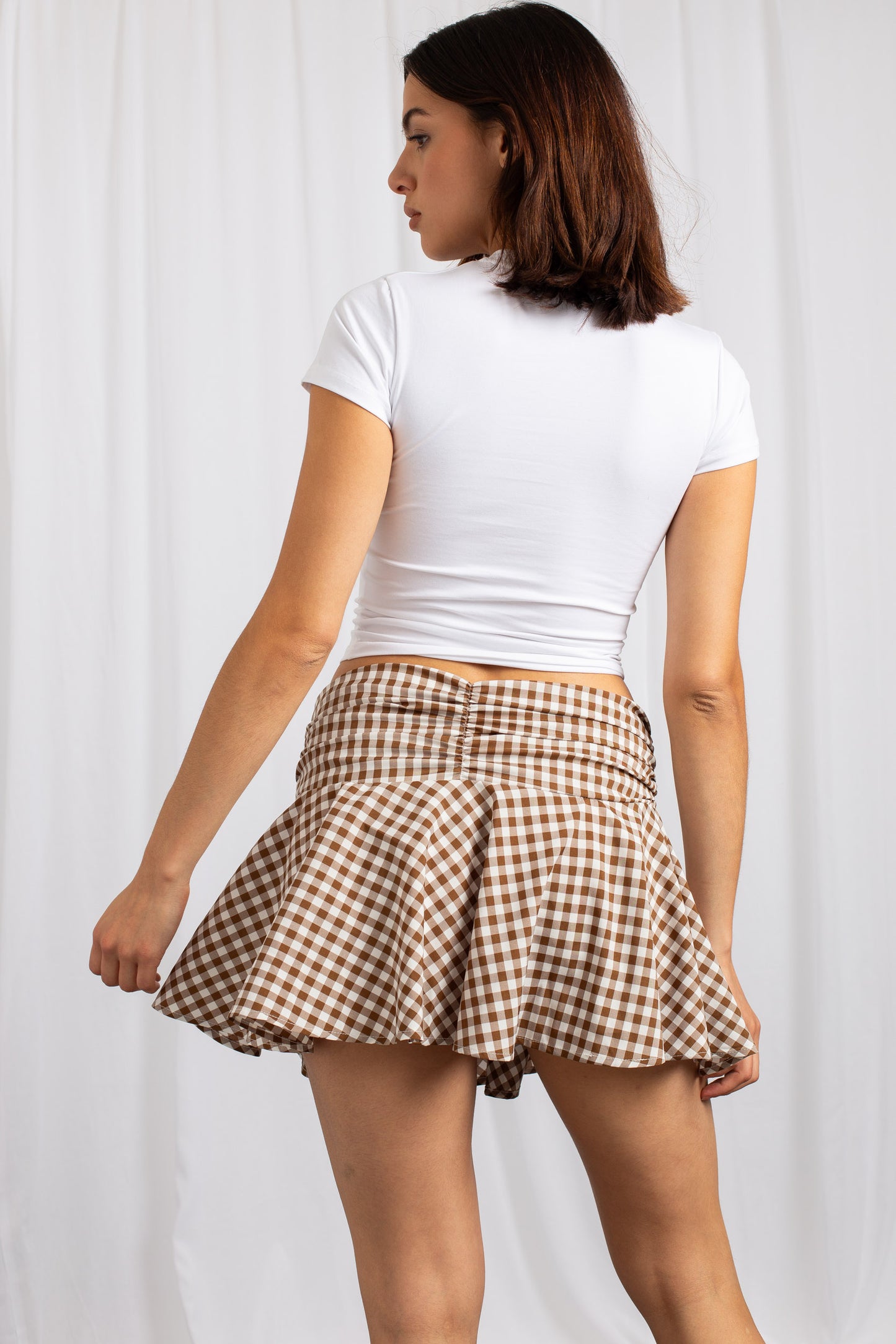 Daisy Street - Brown Gingham Gathered Waist Mini Skirt