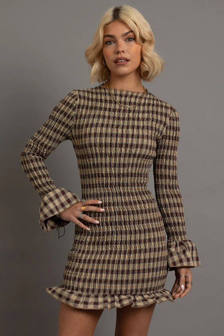 Daisy Street - Long Sleeve Gingham Shirred Mini Dress