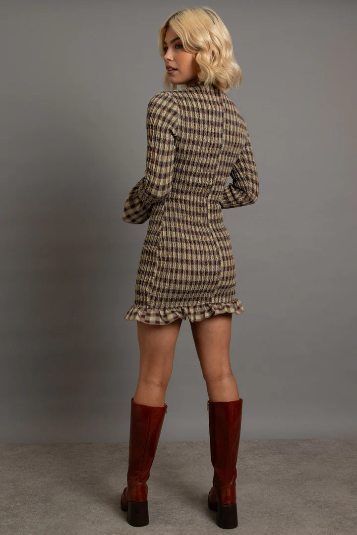 Daisy Street - Long Sleeve Gingham Shirred Mini Dress
