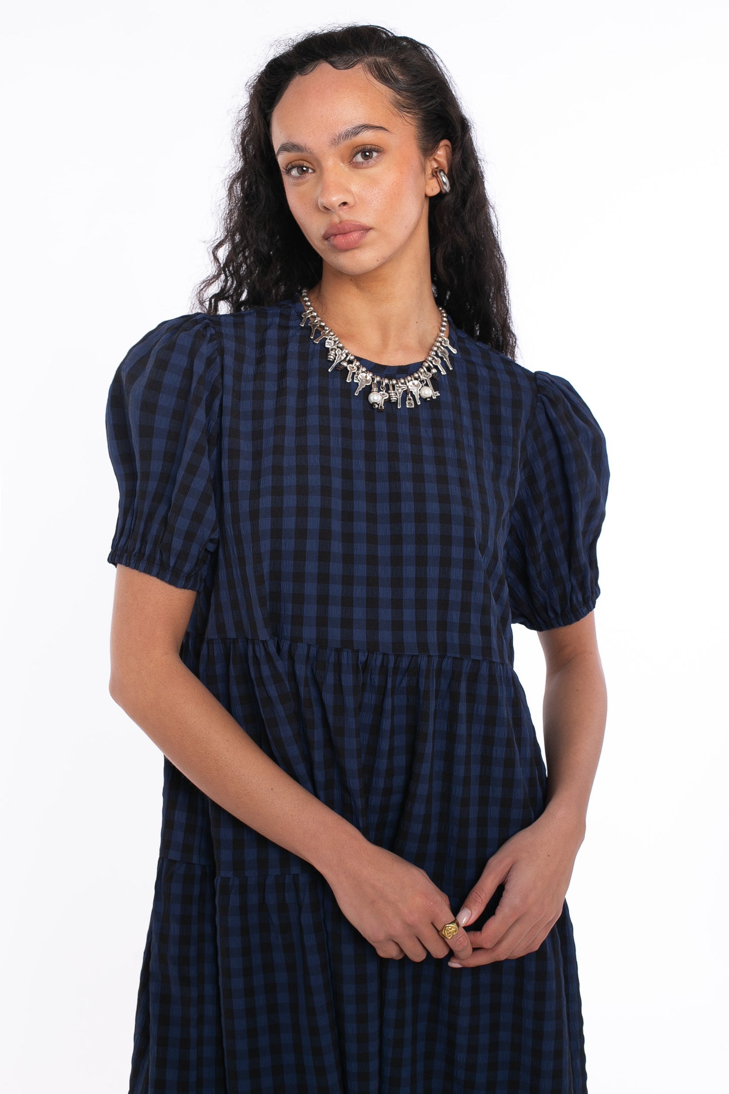 Daisy Street - Blue & Black Gingham Tiered Smock Dress