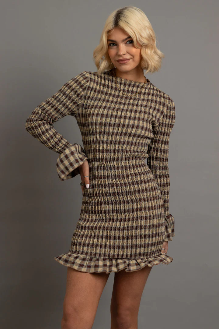 Daisy Street - Long Sleeve Gingham Shirred Mini Dress