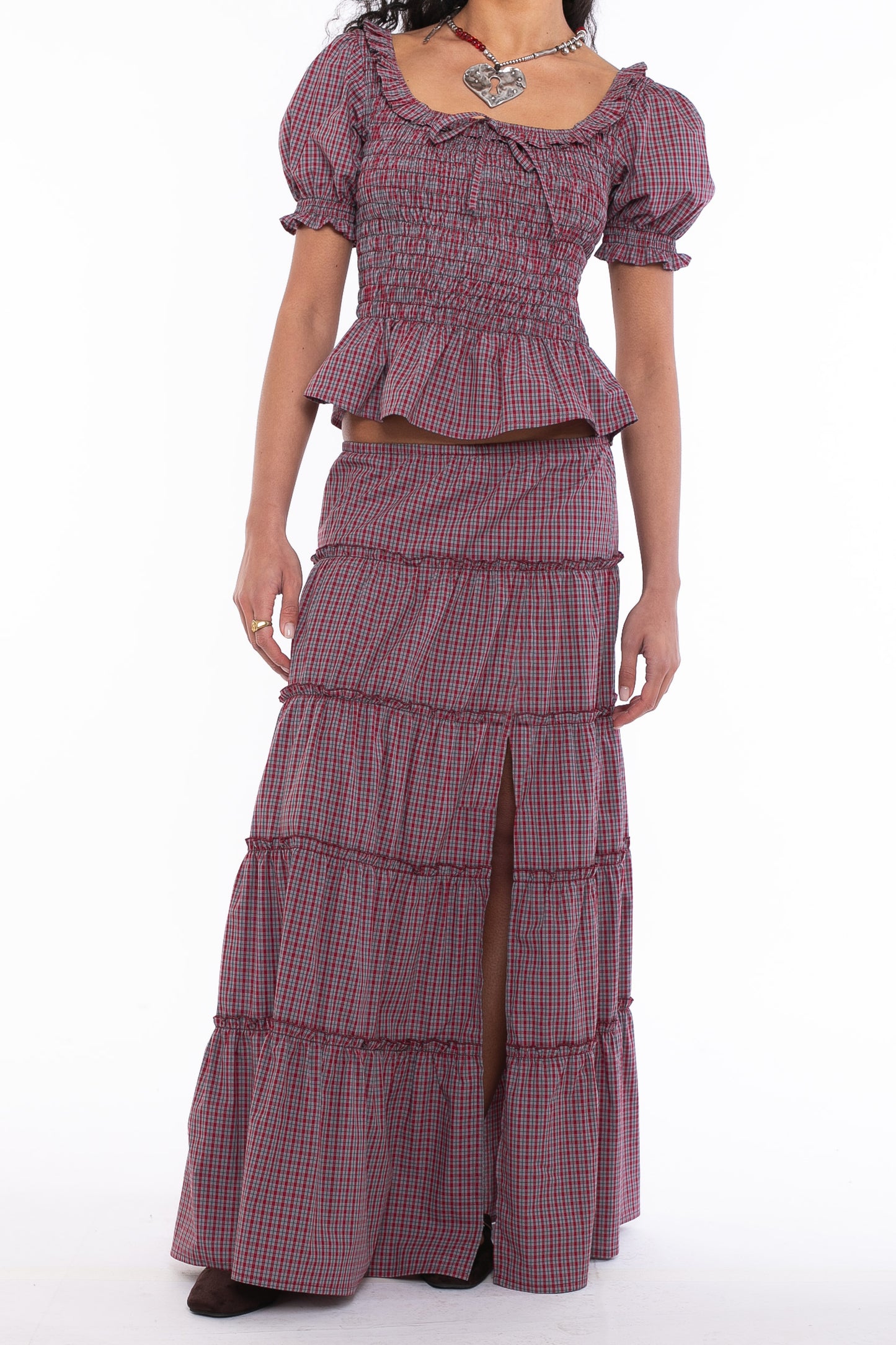 Daisy Street - Red & Grey Checked High Rise Frill Maxi Skirt