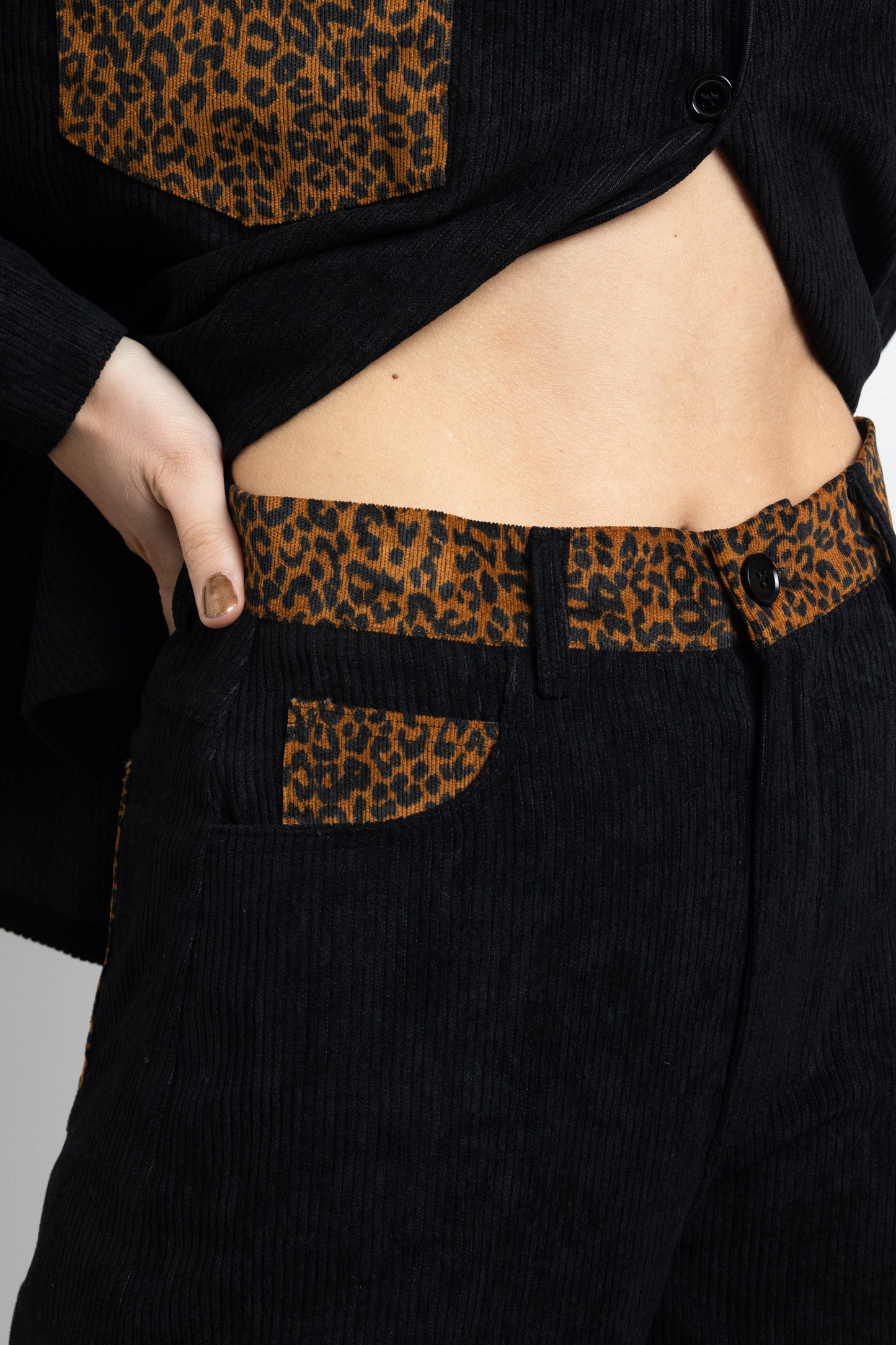 Daisy Street - Black Cord Trousers with Leopard Print Contrast Details