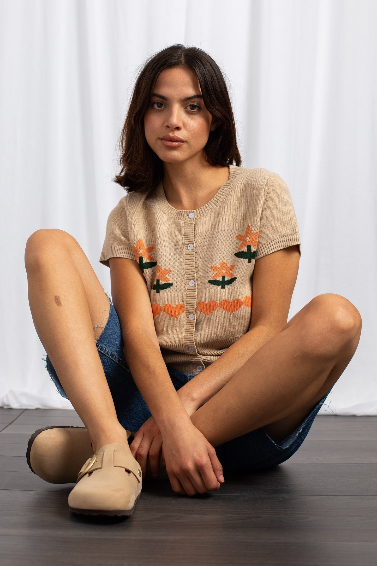 Daisy Street - Cropped Cardigan with Embroidered Flowers