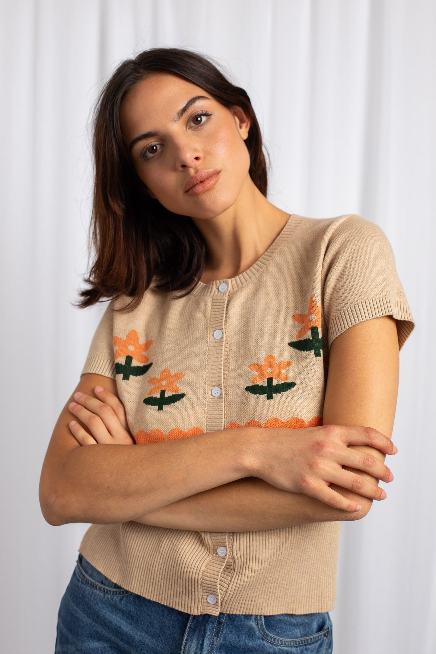 Daisy Street - Cropped Cardigan with Embroidered Flowers