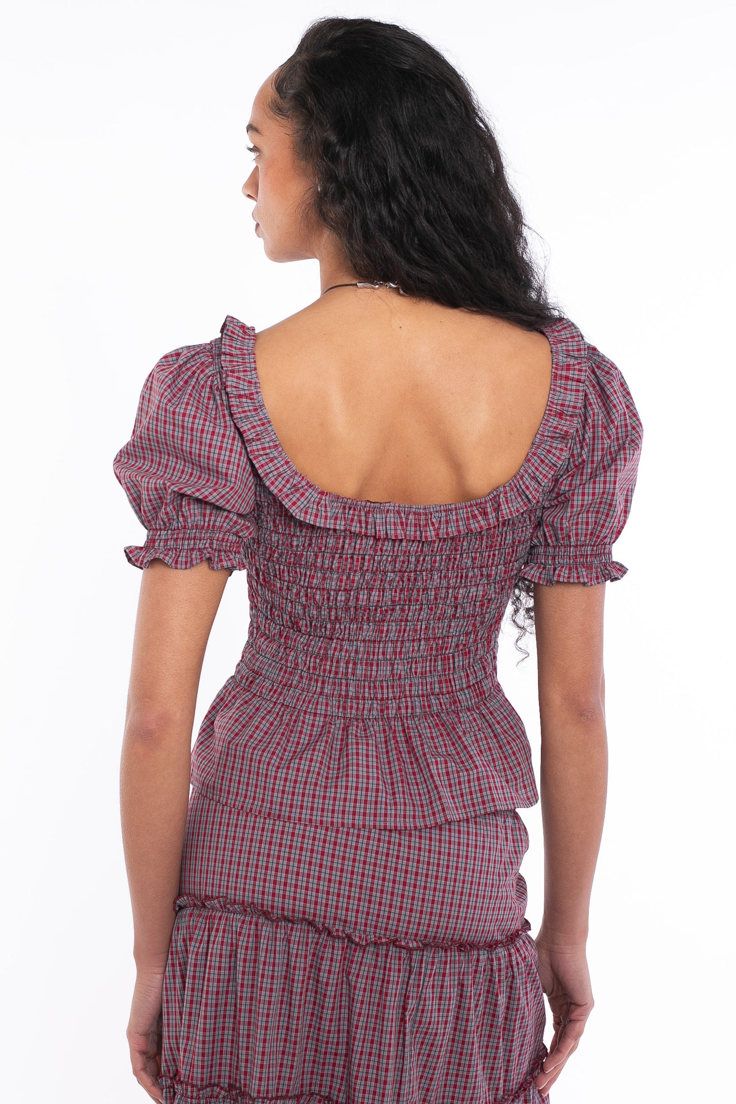 Daisy Street - Red & Grey Checked Bodice Blouse with Puff Sleeves