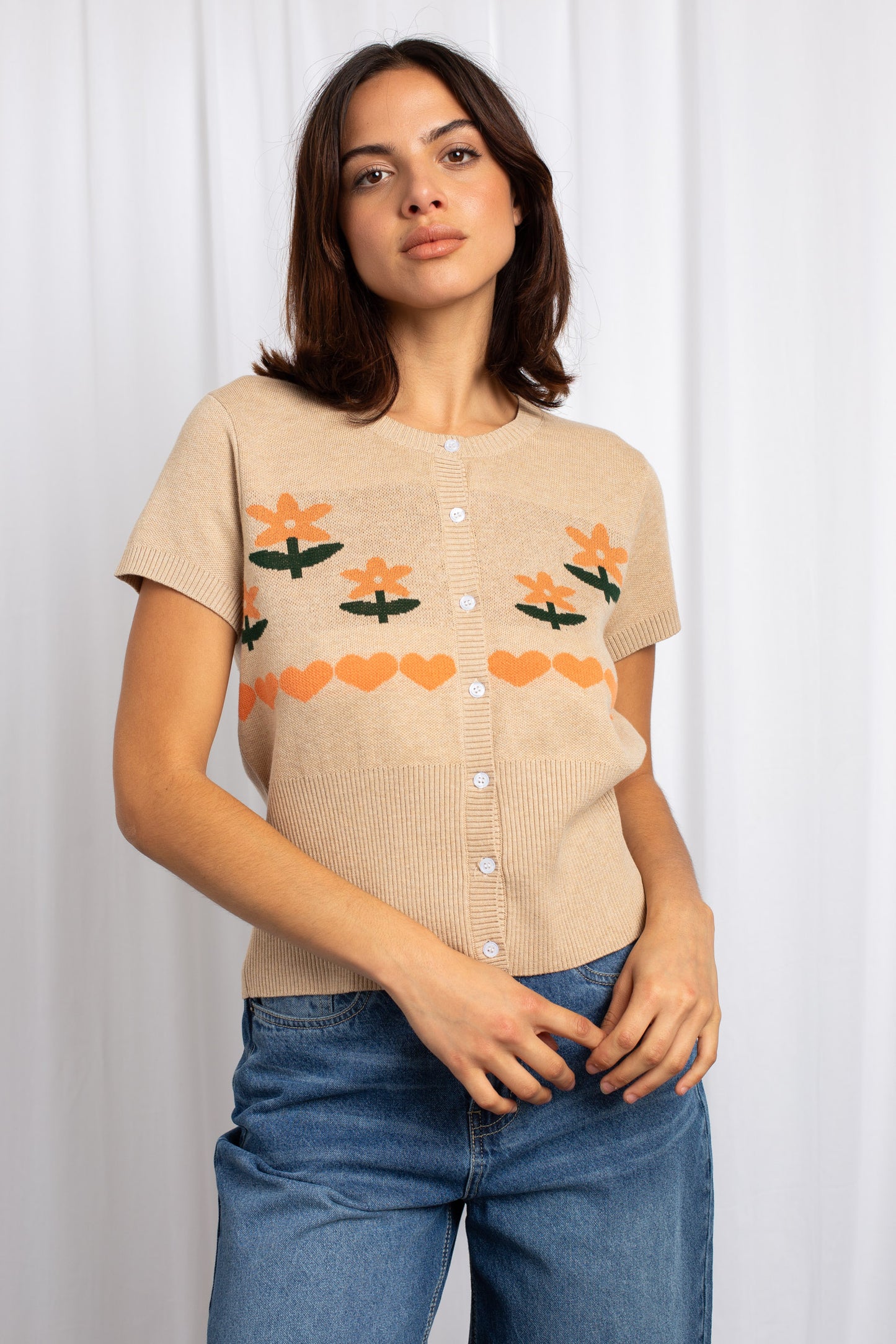Daisy Street - Cropped Cardigan with Embroidered Flowers