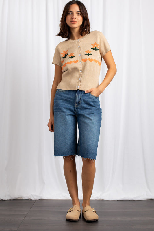 Daisy Street - Cropped Cardigan with Embroidered Flowers