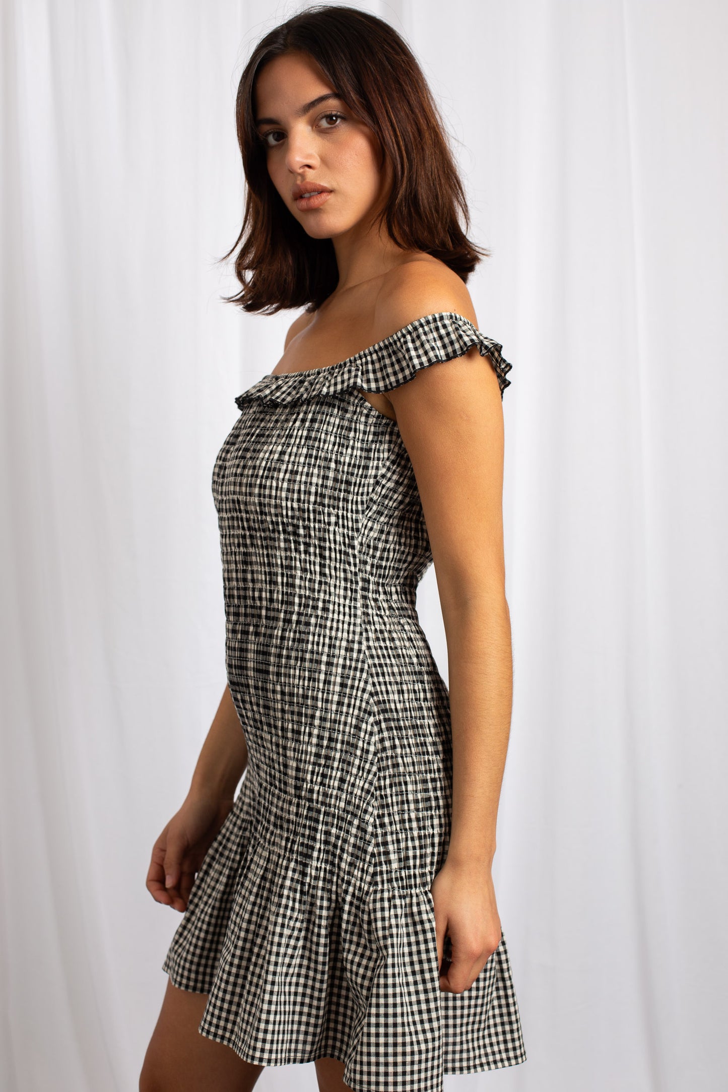 Daisy Street - Black Gingham Bardot Shirred Mini Dress