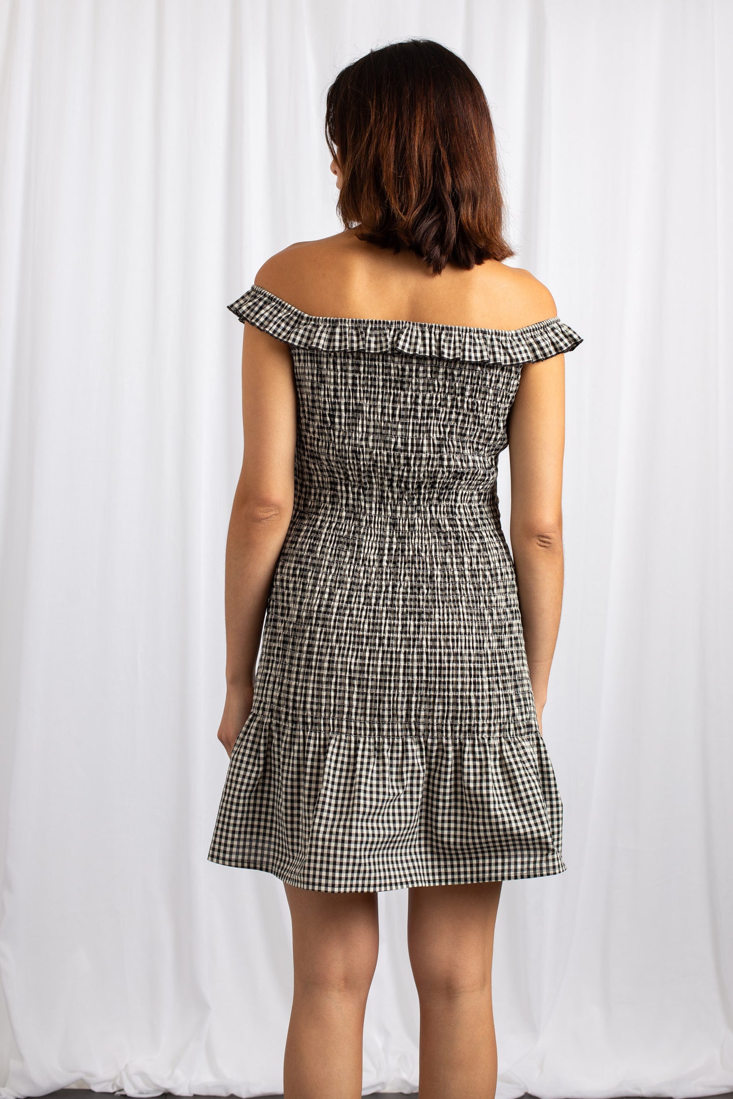 Daisy Street - Black Gingham Bardot Shirred Mini Dress