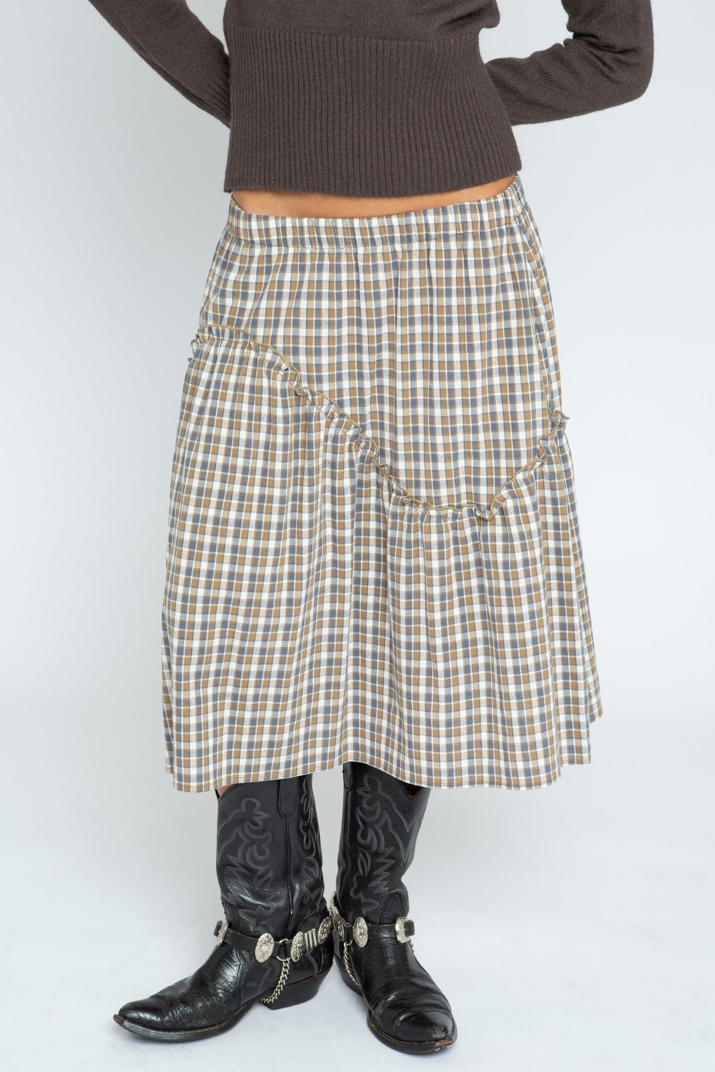 Daisy Street - Brown Check Asymmetric Frill Delphine Skirt