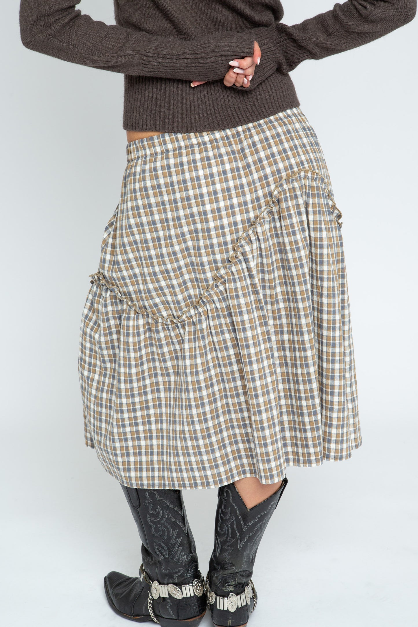 Daisy Street - Brown Check Asymmetric Frill Delphine Skirt