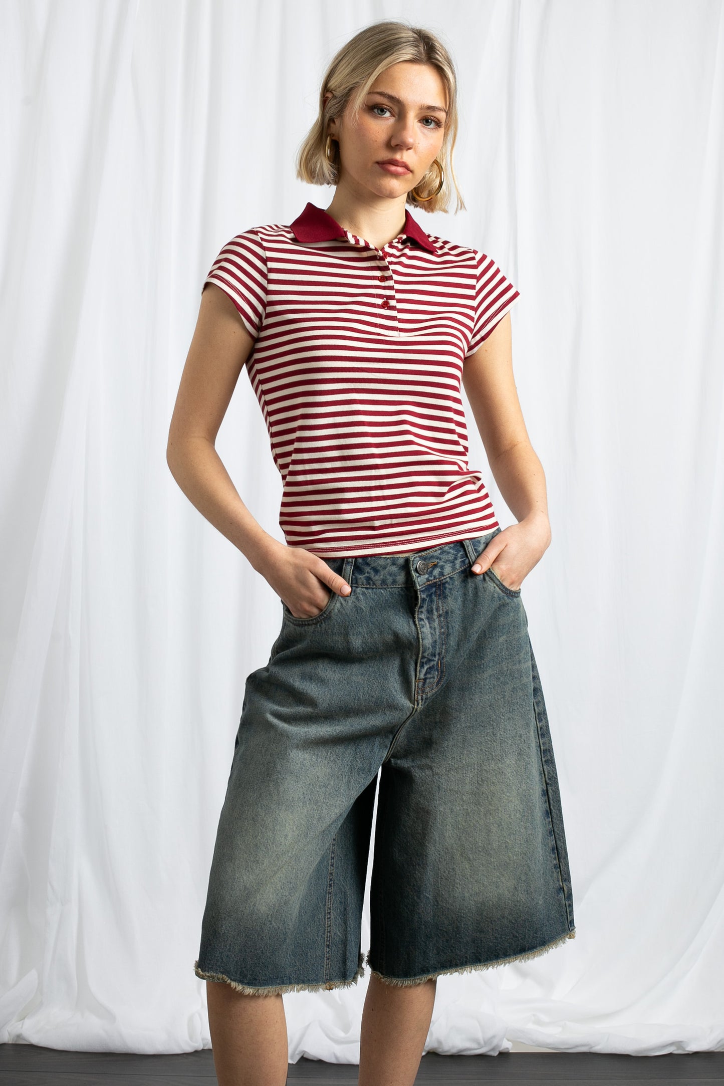 Daisy Street - Red and White Striped Slim Polo Shirt