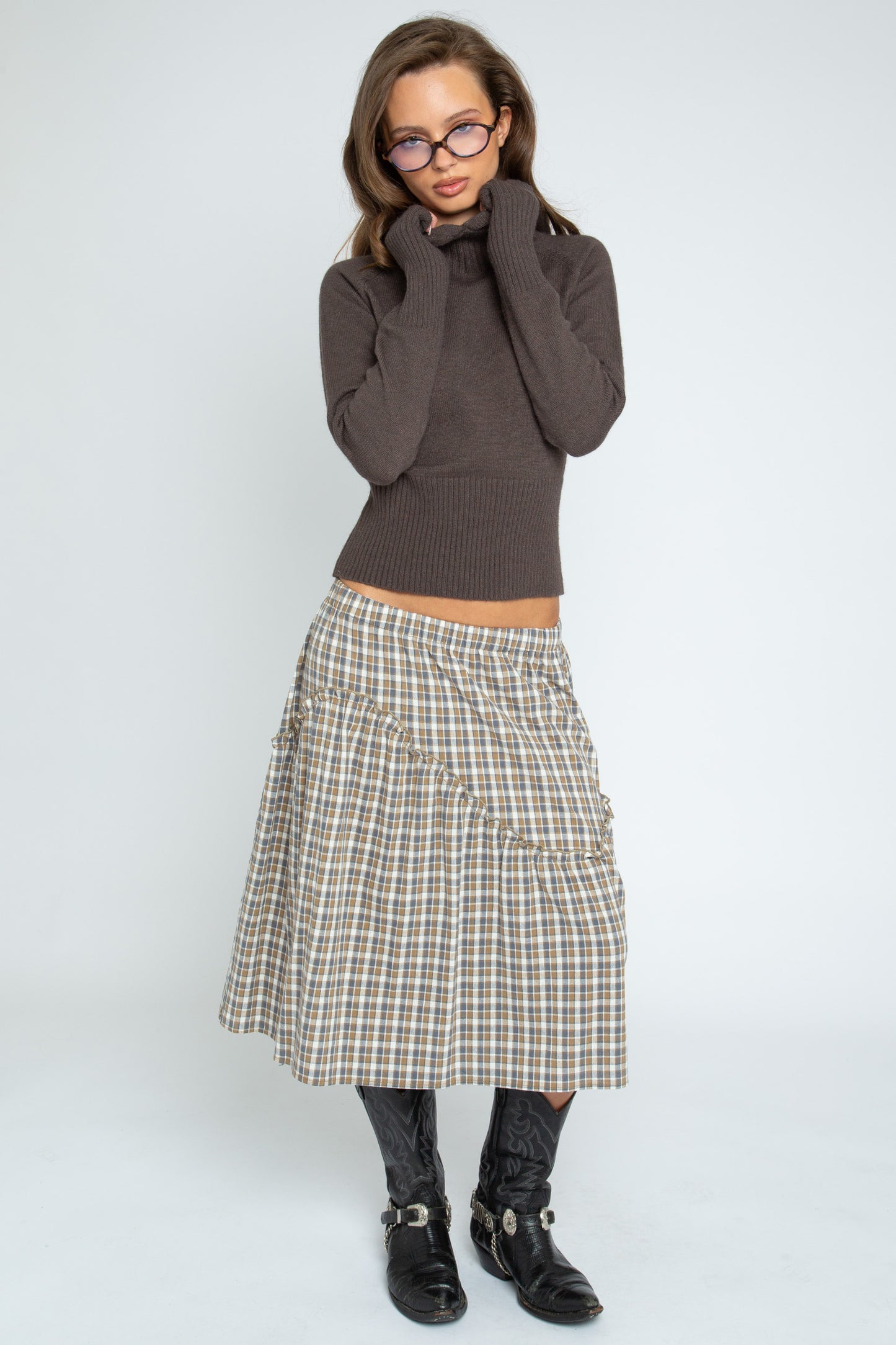 Daisy Street - Brown Check Asymmetric Frill Delphine Skirt