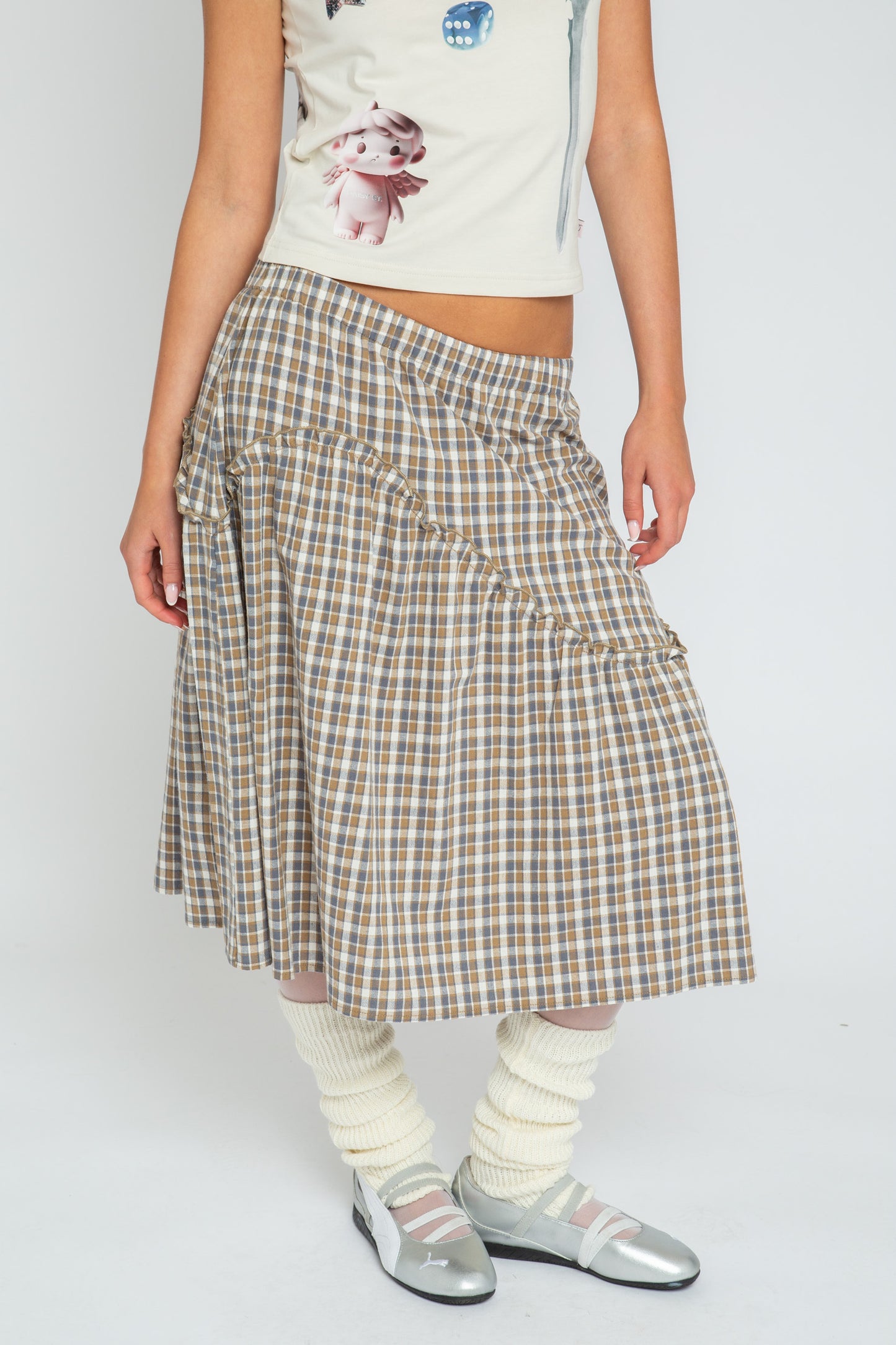 Daisy Street - Brown Check Asymmetric Frill Delphine Skirt