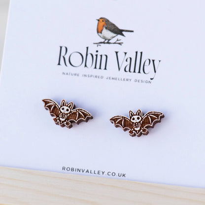 Robin Valley - Vampire Bat Skeleton Cherry Wood Stud Earrings