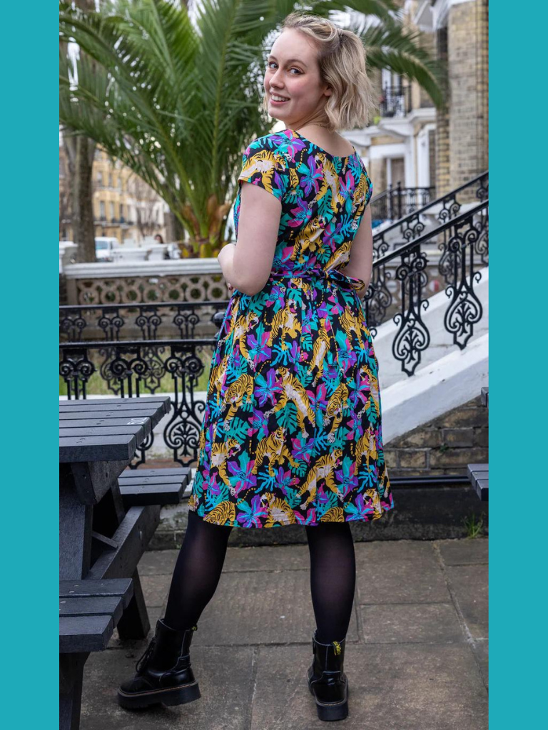 Run & Fly - Black Tiger Lily Stretch Belted Tea Dress with Pockets