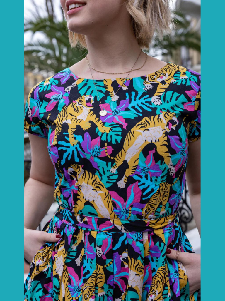 Run & Fly - Black Tiger Lily Stretch Belted Tea Dress with Pockets