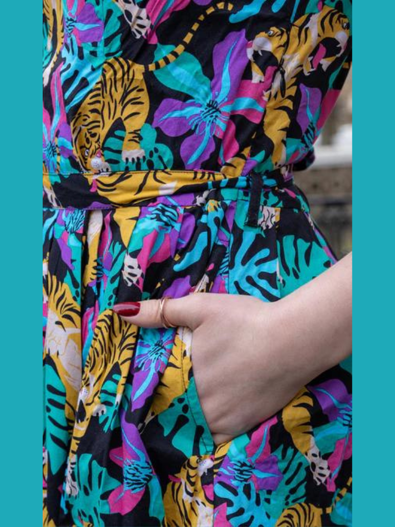Run & Fly - Black Tiger Lily Stretch Belted Tea Dress with Pockets
