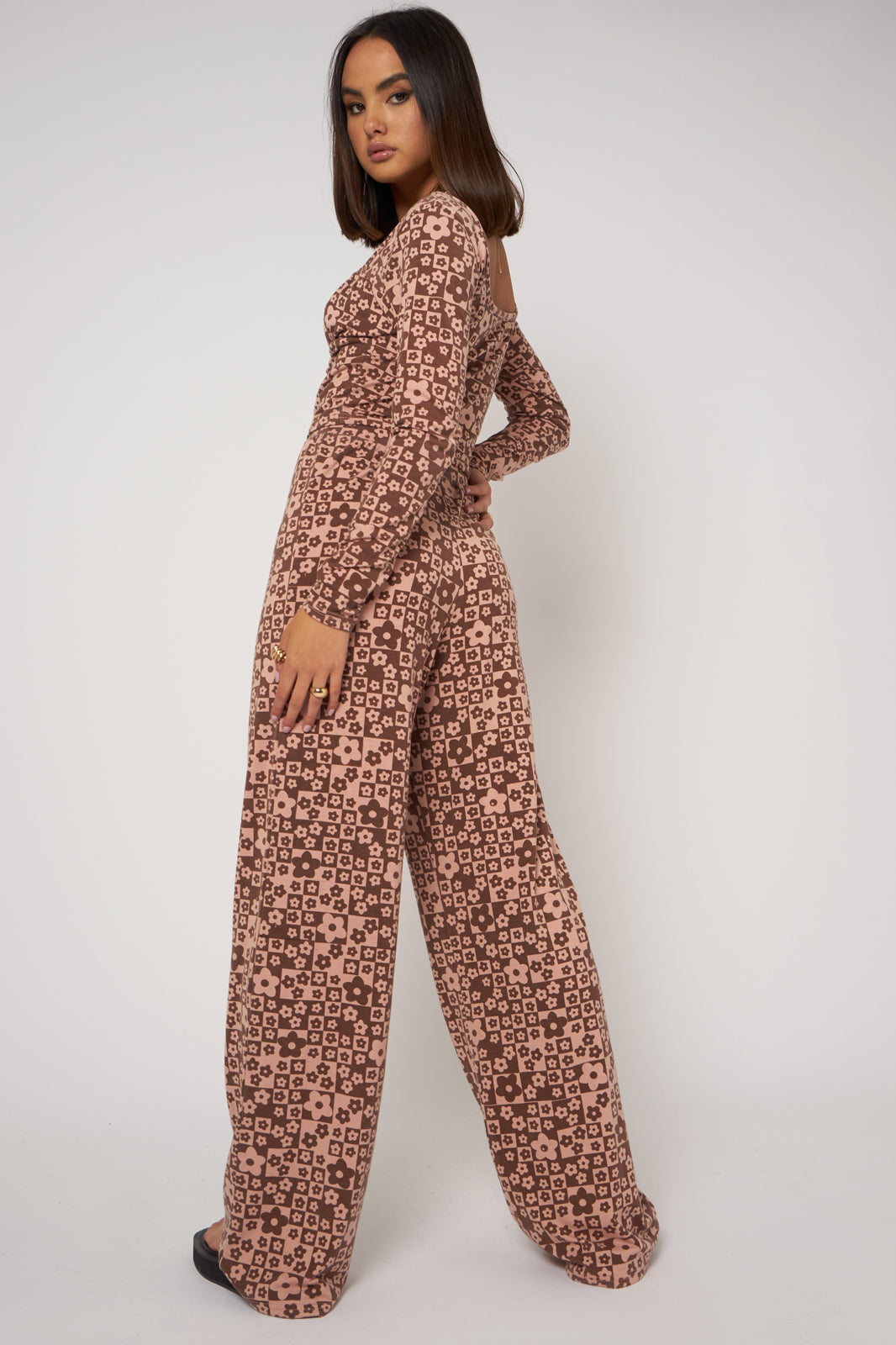 Daisy Street - Brown and Pink Floral Flared Trousers