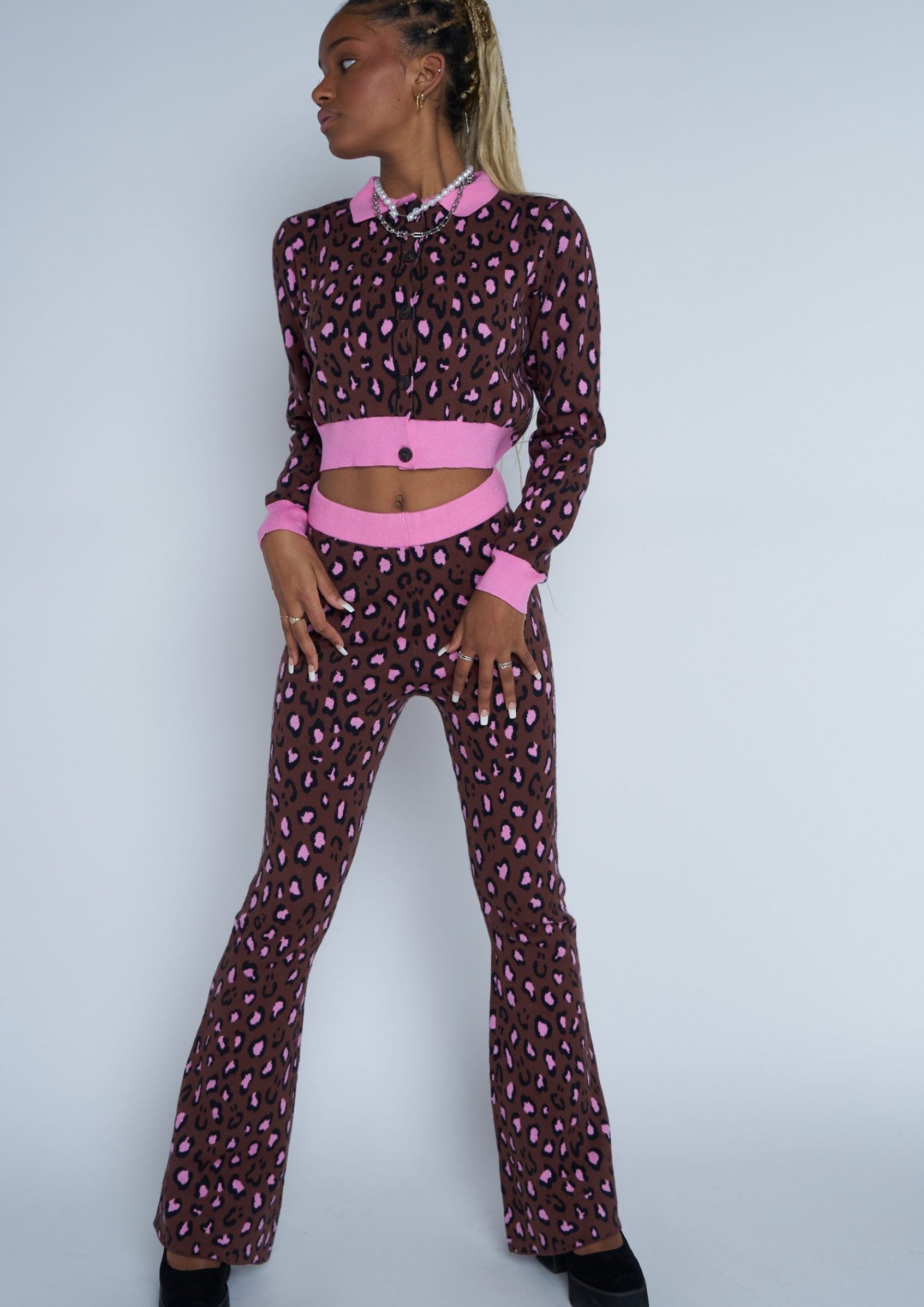 Daisy Street - Brown Smiley Leopard Knit Cardigan Top