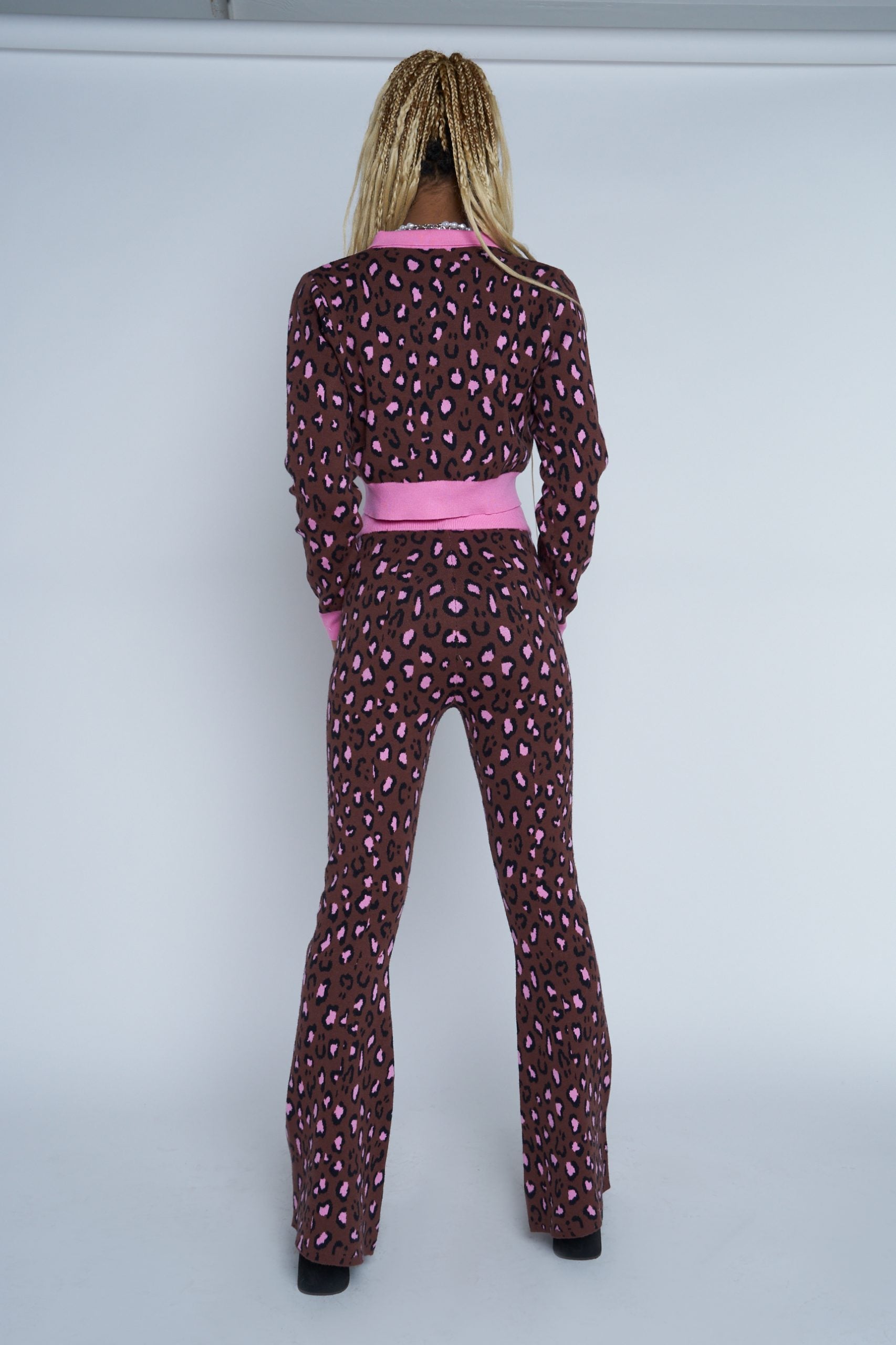 Daisy Street - Brown Smiley Leopard Knit Flared Trousers