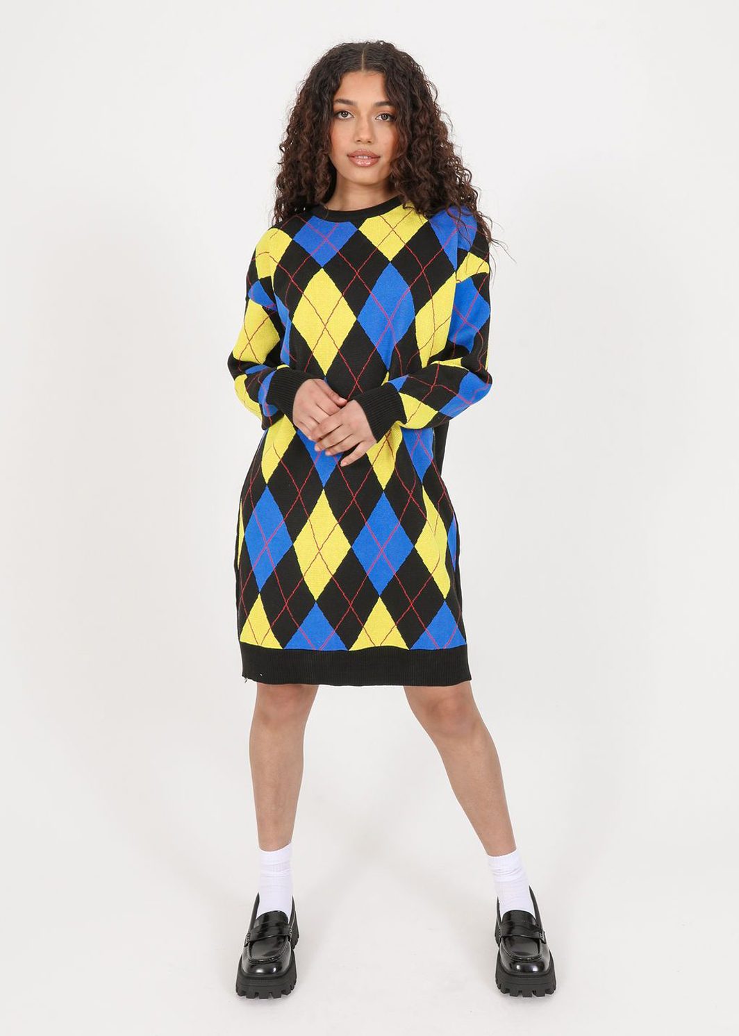 Blue and Yellow Argyle Knit Jumper Dress