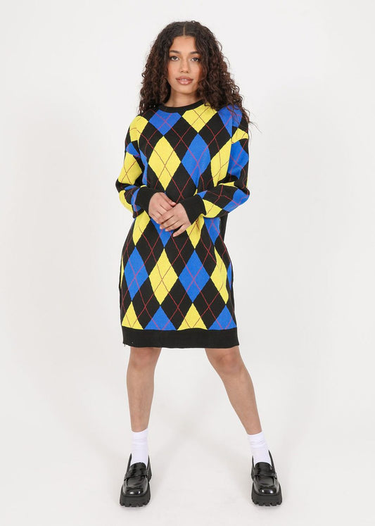 Blue and Yellow Argyle Knit Jumper Dress