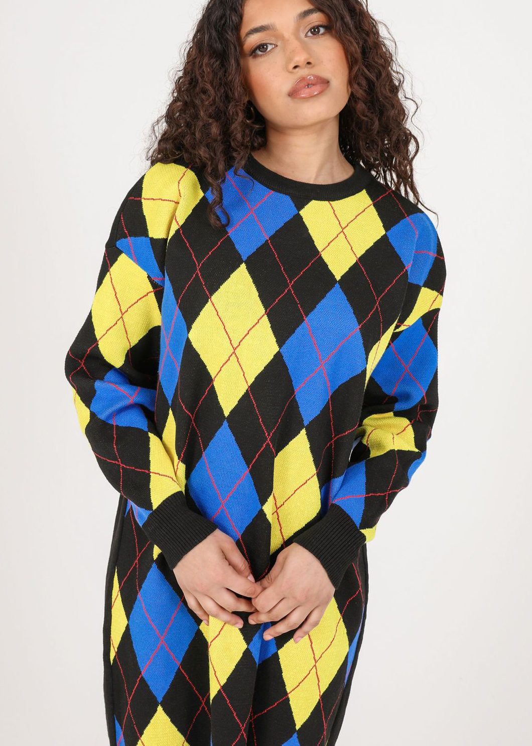 Blue and Yellow Argyle Knit Jumper Dress