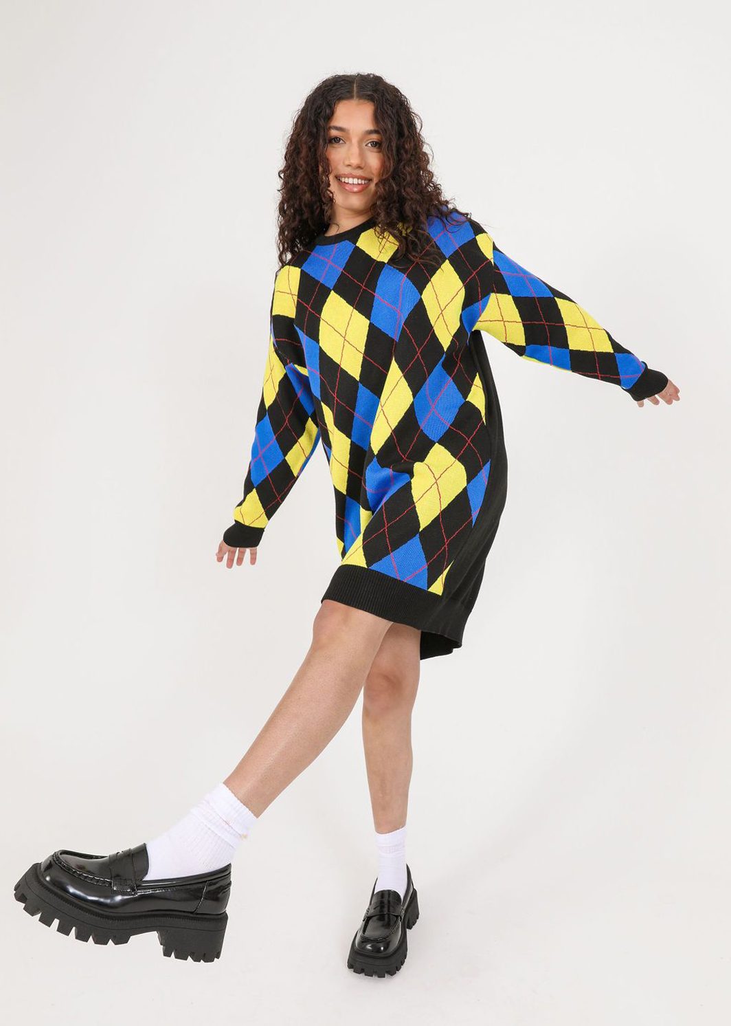 Blue and Yellow Argyle Knit Jumper Dress