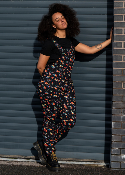 Run & Fly - Unisex Black Twill Rainbow Dinosaur Dungarees