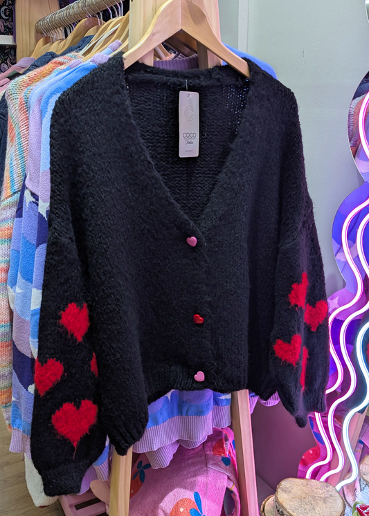 The Edit - Black and Red Heart Cardigan with Heart Buttons