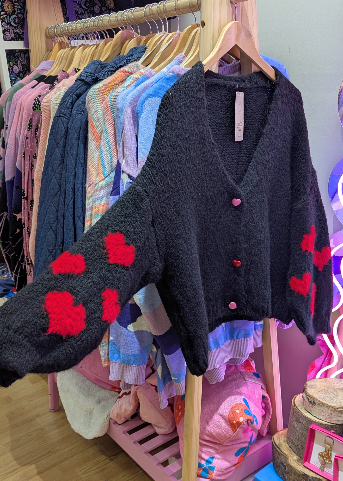 The Edit - Black and Red Heart Cardigan with Heart Buttons
