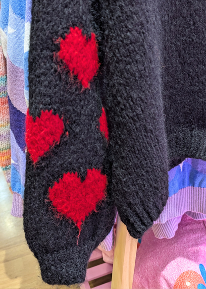 The Edit - Black and Red Heart Cardigan with Heart Buttons