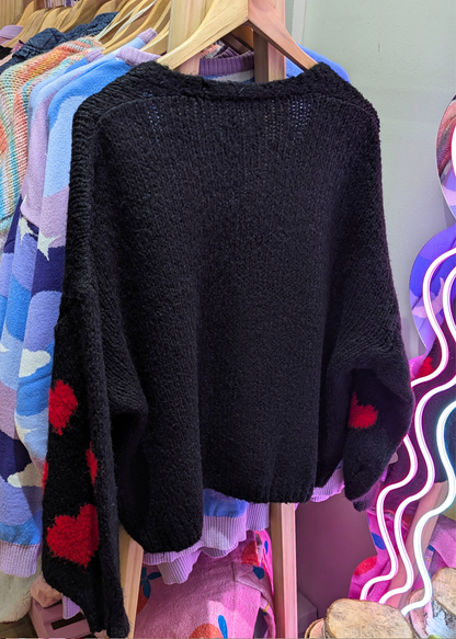 The Edit - Black and Red Heart Cardigan with Heart Buttons
