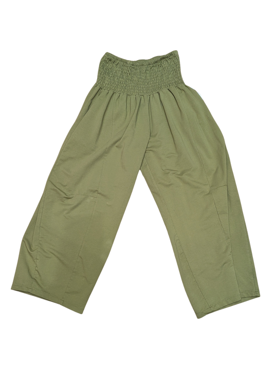 The Edit - Shirred Jersey Cocoon Trousers in Avocado Green