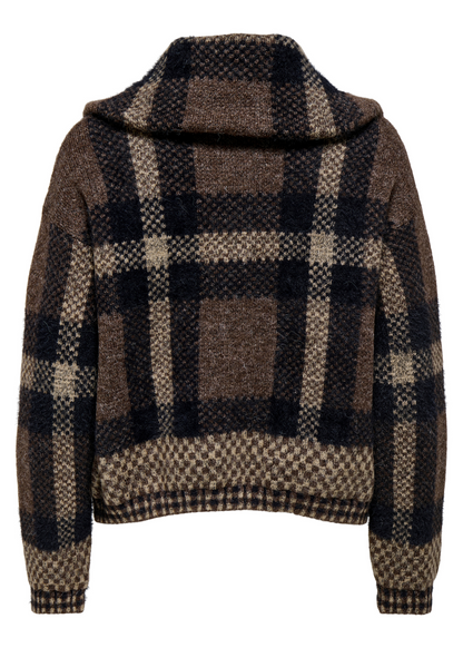 Only - Chocolate Brown Zip Up Check Cardigan