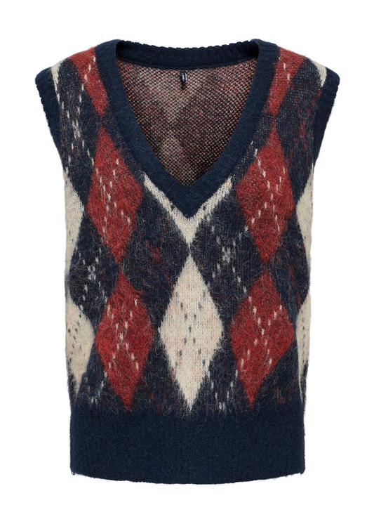 Only - Argyle Knit Vest in Navy and Red