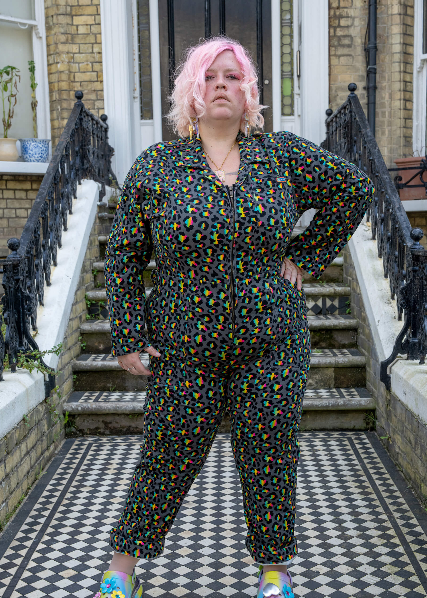 Run & Fly - Grey Rainbow Leopard Stretch Twill Boiler Suit
