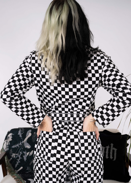 Run & Fly - Black & White Checkerboard Stretch Twill Boiler Suit